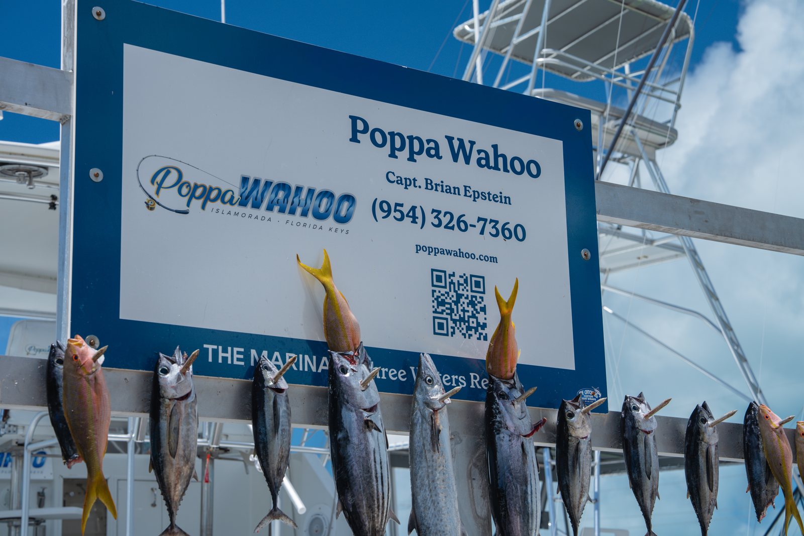 Wahoo and the day's catch hung under the dock sign